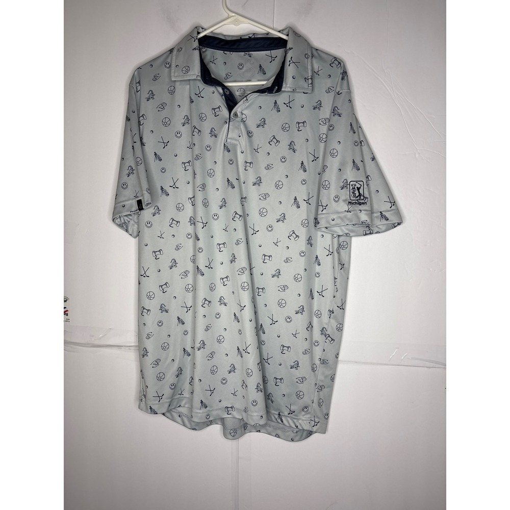Swannies Mens XL TPC Michigan Golf Polo Shirt Gray Novelty‎ Print Performance